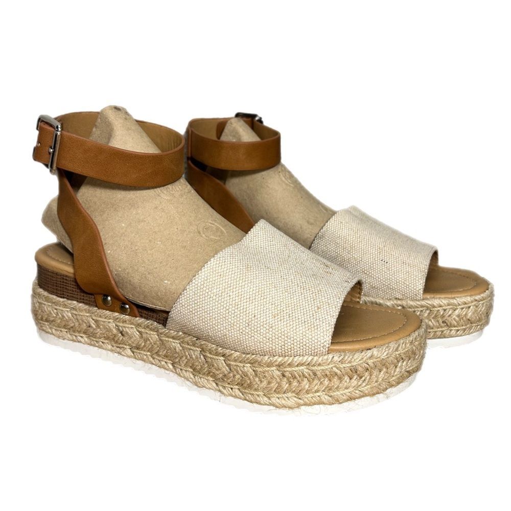 Women's Tan and Cream Espadrille Wedge Sandals Size 8